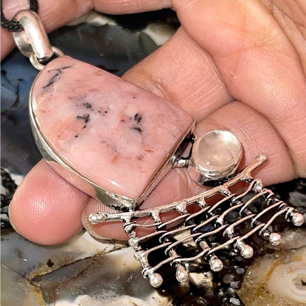 Pink Peruvian Opal & Clear Rose Quartz Pendant 2 7/8”